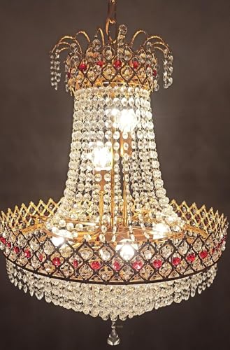 Image of ONFLOW AETERNA LUX Empire Crystal Chandelier with Ruby Red Accents - 32 inch Diameter x 45 inch Height - Elegant Gold Finish Hanging Ceiling Light for Living Room, Dining Hall, and Hotel Lobby (RED Eye)