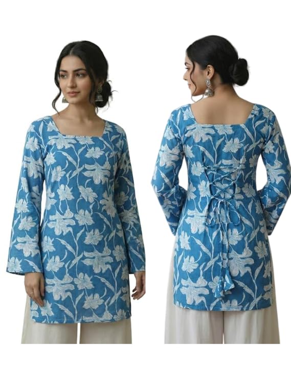 Image of MAHIRA'S Comfort Women's Short Kurti, Rayon Tunic Top with 3 /4 Embroidered Designer Sleeves | Soft Breathable Fabric | Office & Casual Kurti for Jeans, Leggings & Trousers