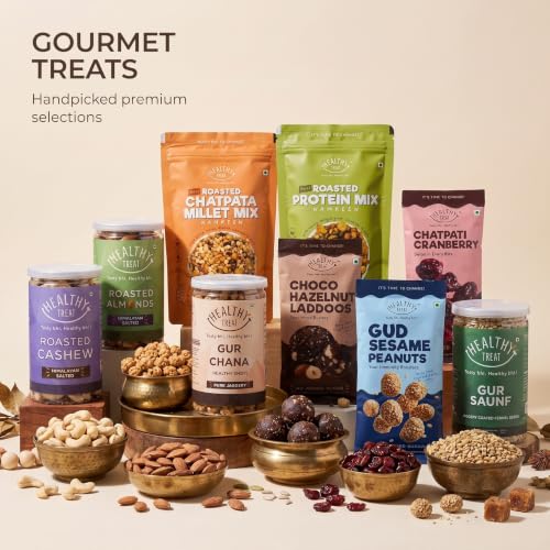 Image of Healthy Treat Magic Box Rakhi Hamper for Brother with Dry Fruits, 18 Items | Rakhi Pair, Roli Chawal, Almonds, Cashews, Seed Mix, Gud Chana, Gud Saunf, Sesame Peanut, Chocolate Laddoo, Raksha Bandhan