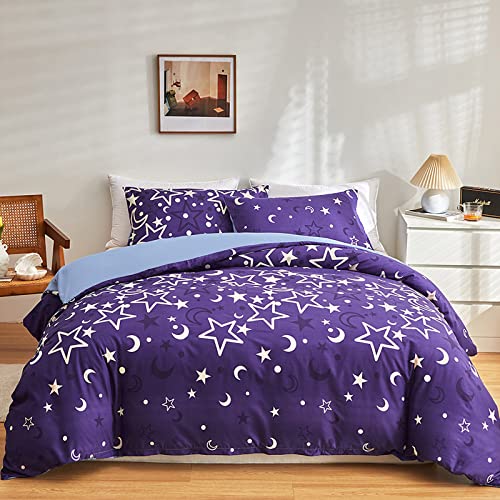 GETIYA Lila Bettwäsche 135x200 Kinder Bettwäsche Stern Mond Leuchtend im Dunkeln Einzelbett Bettbezug Violett Blau Wendebettwäsche Damen Mädchen Bettwäsche Weich Deckenbezug mit Kissenbezug 80x80 - Image 4