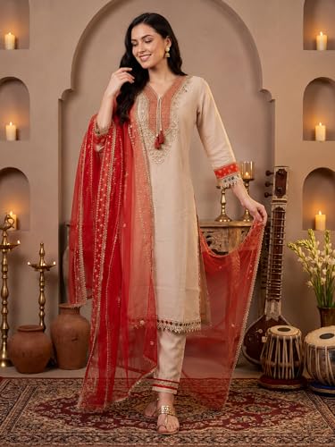 Image of INDO ERA Women's Silk Blend Embroidered Sequinned Kurta & Pant with Dupatta Set (IEAI13251)|Kurti Set For Woman