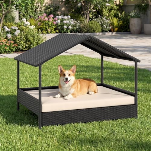 COSTWAY Hundeliege Outdoor erhöhtes Hundebett aus Rattan mit abnehmbares Kissen & Dachschutz Haustierbett wetterfest für kleine und mittelgroße Hunde bis 60 kg 98 x 69 x 74 cm (Beige)
