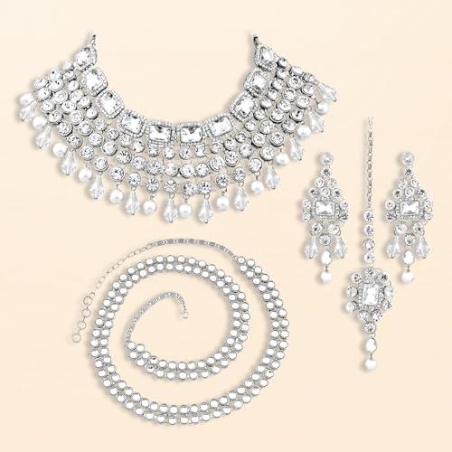 Image of Peora Crystal Choker Necklace with Maang Tikka Earrings Indian Traditional Bridal Wedding Jewellery Set for Women