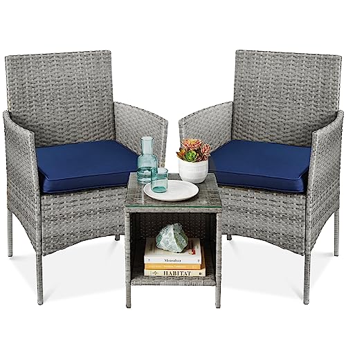 Best Choice Products 3-Piece Outdoor Wicker Conversation Bistro Set, Space Saving Patio Furniture for Yard, Garden w/ 2 Chairs, 2 Cushions, Side Storage Table – Gray/Navy