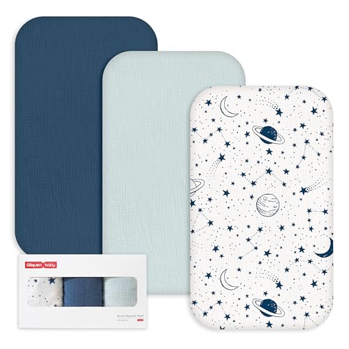 Image of Gllquen Baby 3-Pack Muslin Cotton Bassinet Sheets, 33 inchx20 inch Bedside Sleeper