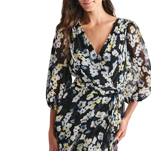 Image of DKNY Women's Chiffon Balloon Sleeve Faux Wrap Midi Dress with High-Low Hem