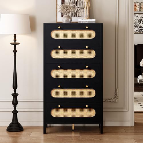 GOOBED Natural Rattan 5 Drawer Dressers Wooden Chest of Drawers with Golden Handles - Modern Large Boho Dressers Storage Cabinet for Living Room Hallway/Entryway Black