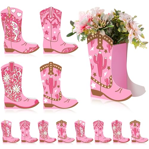 Image of 12 Set Western Cowgirl Boots Flower Boxes Centerpiece Boot Shape Gift Boxes Party Decoration Vase Centerpieces for Tables for Rodeo Birthday Baby Shower Wedding Supplies