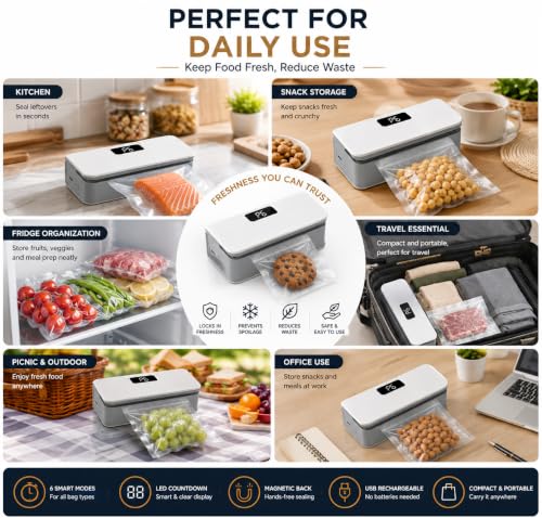 Image of Mini Heat Sealer for Bags, 6 Modes, LED Timer, USB Rechargeable | Airtight Leak-Resistant Sealing | Lightweight Everyday Kitchen Essential