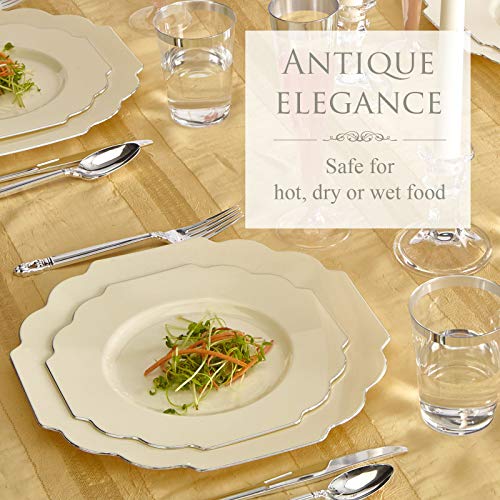 Elegant Plastic Plates For Party With Scalloped Rim (10 Pc), Disposable Heavy-Duty Dessert Plates For Wedding Reception - 6”, Fancy Plastic Dinnerware Sets With Silver Edge For Upscale Events - Ivory #TOP1