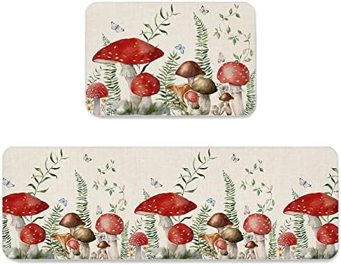 LEOKOTI Kitchen Rugs and Mats Non Skid Washable, Mushroom Kitchen Runner Rug 2 Pieces, Green Botanical Butterfly Rustic Burlap Kitchen Mat for Sink/Bathroom 20"x24"+20"x48"