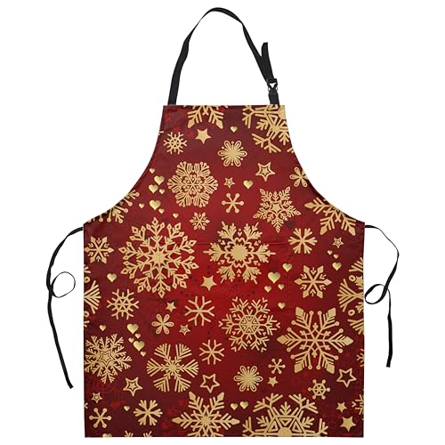 Kwlegh Aventais de Natal para mulher com bolsos, avental de cozinha de inverno, impermeáveis, aventais ajustáveis, Flocos de neve dourados