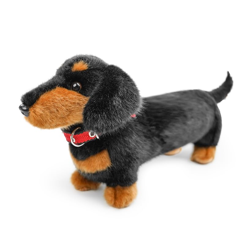 Wonder Sprout Cute Dachshund Plush Toy with Collar, 35cm Long Soft Lovely Fluffy Stuffed Wiener Dog, Adorable Sitting Cuddly Puppy Pet Doll for Kids Girls Boys Adults, Home Decor Birthday Black