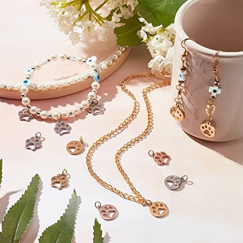 DICOSMETIC 36Pcs 2 Style 3 Colors Stainless Steel Paw Prints Pendants 4mm Loop Hole Golden and Rose Gold Colors Hollow Charms for Jewelry Making Crafts DIY