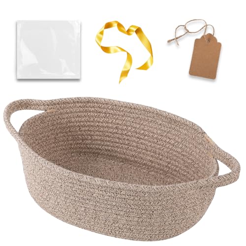 Image of OIAHOMY Small Woven Basket with Gift Bags, Ribbons & DIY Label Card, Baskets for Gifts Empty, Small Rope Basket 12 * 8 * 5IN, Cute Decorative Baskets with Handles for Baby Pets, Toys, Blown