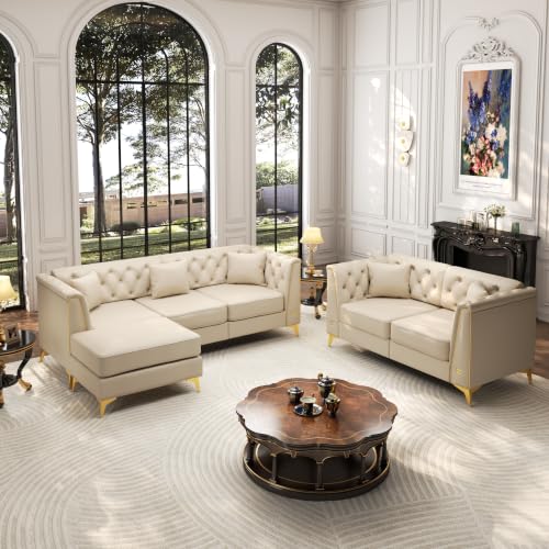 Image of KEIKI 2-Piece Chesterfield Sofa Set with Handmade Button Tufted, Beige | 5-Seater Couch Set with 1 Faux Leather 3-Seater Sofa & 1 Loveseat & 1 Ottoman & 5 Pillow, Easy Assembly, for Living Room