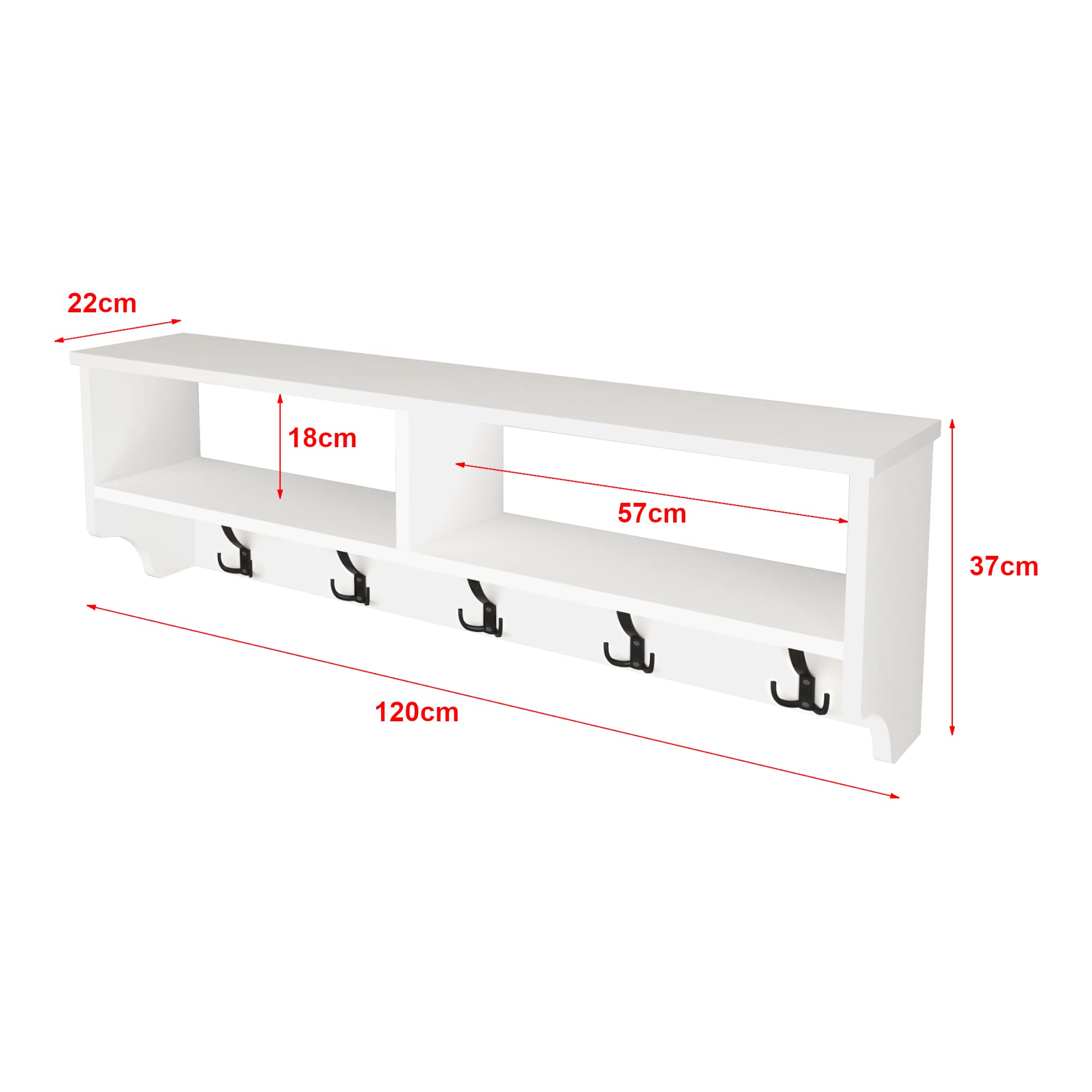 [en.casa] Perchero Mural Mueble de Entrada con 5 Ganchos Triples y 2 Compartimientos para Recibidor Aglomerado/Plástico 120 x 22 x 37 cm - Blanco