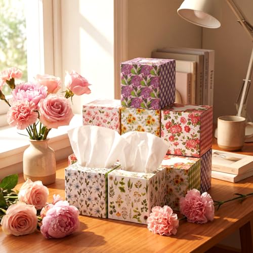 Image of Fourluoo 12 Pack Flower Facial Tissues Cube Face Boxes 600 Sheets 3 Ply | Small Square Floral Plaid Tissues Bulk for Summer Car Bedroom Supplies, Soft Tissues