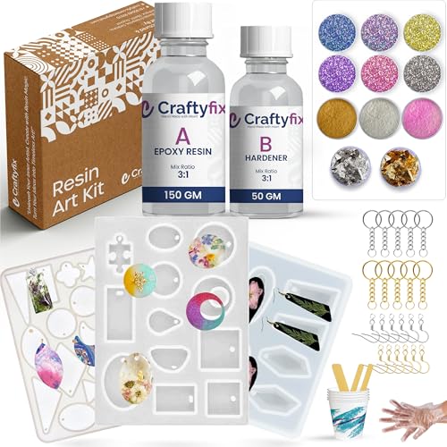 Image of Craftyfix DIY Resin Art Kit with 200 Gm Resin and 3 Keychain Earring Making Mould Kit with Glitter Mica and More, Multicolour