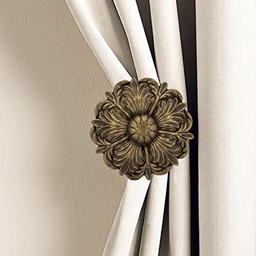 Meriville Set Of 2 Fleur Window Drapery Medallion Holdbacks, Curtain Tiebacks, Wall Hook, Tassel Holder, Renaissance Gold #TOP1