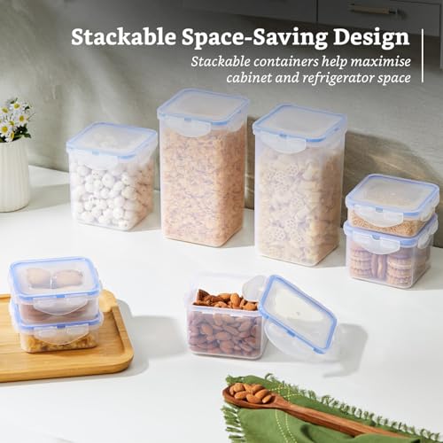 Image of Amazon Brand - Solimo Square Plastic Storage Jar & Container Set | Airtight Lid | BPA-Free Plastic | Microwave Safe | Dishwasher Safe | Kitchen Storage | 350ml, 730ml, 1200ml & 2000ml | Set of 8