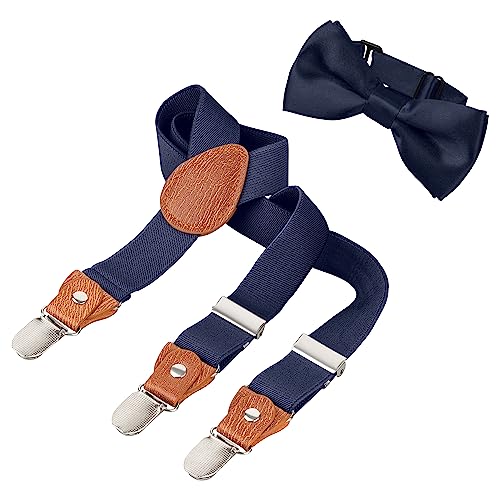 BomGuard 3 Clips Baby Kind Hosenträger + Fliege Set, 1-3 Jahre,dunkelblau