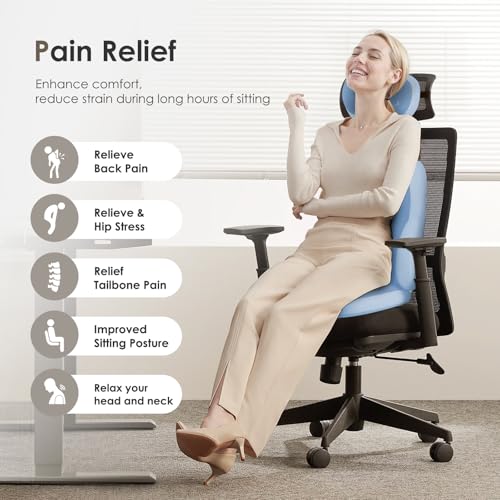 Image of FLORICH 3 PCS Seat Cushion for Carseat Lumbar Support Pillow Car Neck Headrest Pillows Ultrathick Memory Foam Seat Pads Pressure Relief Back Cushion for Office Chair(Blue)