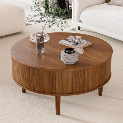 Image of Round Fluted Lift Top Coffee Table with Storage, Mid Century Modern Coffee Table for Living Room, Home Small Space,31.5 inch Fluted Center Table (Walnut, 31.5inch)
