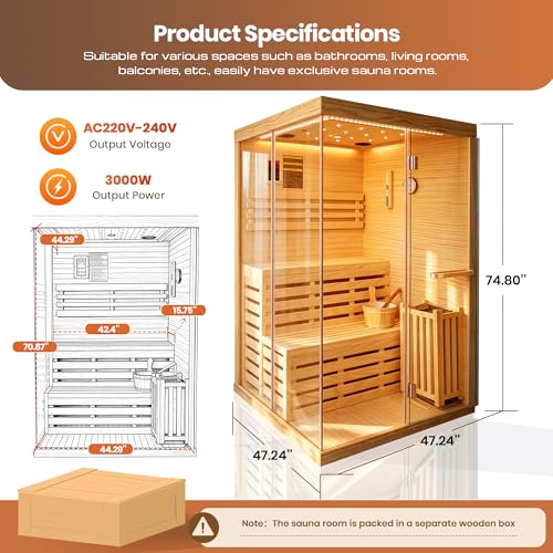 Image of OUTEXER 2-3 Person Steam Sauna Traditional Saunas Home Spa Room Wet Indoor Saunas 7 Color LED Lights with 240V 3KW Heater, Sauna Stone, Wooden Bucket, Spoon, Thermometer, Hourglass, Cup Holder
