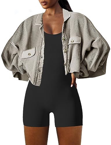 Image of Panadila Women's Cropped Waffle Knit Shacket Short Button Down Jacket Batwing Sleeve Shirts with Pocket