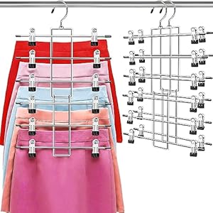 Pants Hangers with Clips,Space Saving Hanging Closet Organizer-6 Tiers Skirt Hangers with 360° Swivel Hook,Closet Organizer-Clothes Hangers- College Dorm Essentials Apartment Essentials-2 Pack
