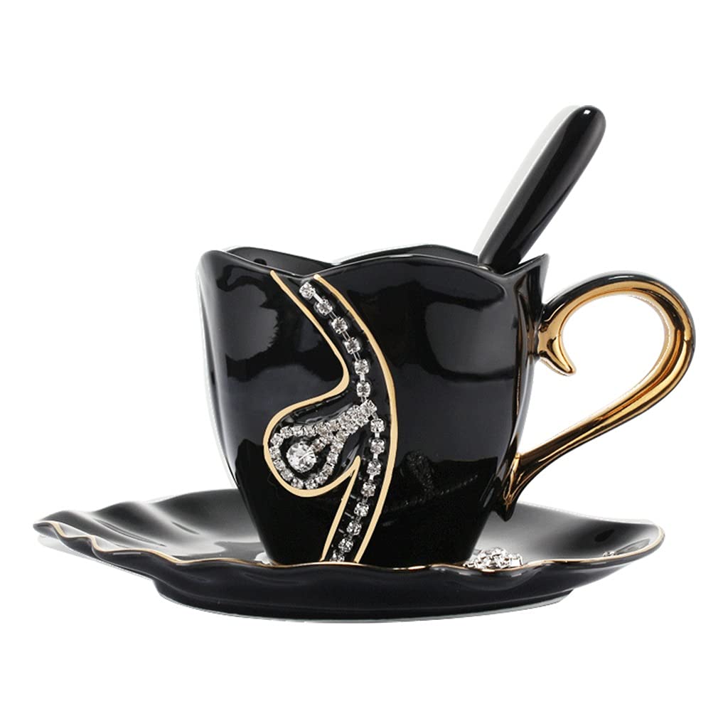 Porcelana Taza de té y Platillo Conjunto Taza de Café, 8 onzas para bebidas de café, café con leche, café moca y té, taza de té de incrustaciones de diamantes hechas a mano con juego de platillos y co