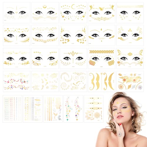 25 Sheets Face Tattoos Waterproof Gold Tattoos Metallic Temporary Transfer Face Sticker Glitter Gold Face Temporary Tattoos Face Tattoo Stickers for Women Girls Halloween Makeup Dancer Costume Parties