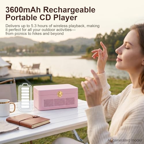 Image of Gueray Retro CD Player Portable Bluetooth: Vintage CD Players for Home with Speakers CD-Player 3600mAh Rechargeable & Radio & Remote Control Support USB /AUX Playback Headphone Jack (Pink)