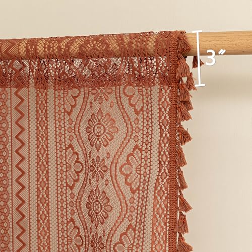 Image of MYSKY HOME Lace Tier Curtains 30 Inch Length 2 Panels Kitchen Cafe Sheer Short Boho Half Country Rod Pocket Curtains for Small Windows Basement Bathroom, 34 inch Wide Each Panel, Terracotta