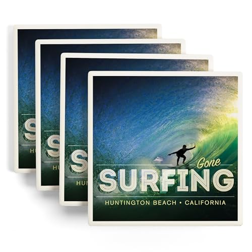 Lantern Press Huntington Beach, California, Surfer in Wave, Gone Surfing (Absorbent Ceramic Coasters...