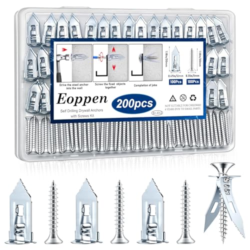 Image of 200Pcs Self Drilling Drywall Anchors with Screws Kit, Metal Self Drilling Anchor Screws, Silver Drywall Grip Anchors and Screws for Sheetrock, Hollow Wall, Picture Frames, Wall Decor