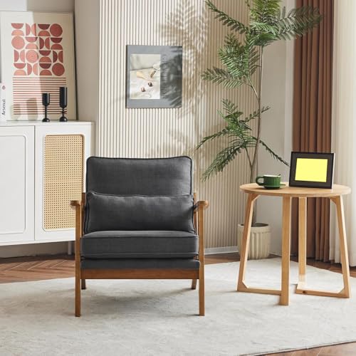 Image of Mid-Century Accent Relax Chair - Wide Armrest Lounge Chair with Linen Fabric with Lumbar Pillow (Gray, 28.3 x 31.5 x 29.5 INCH)
