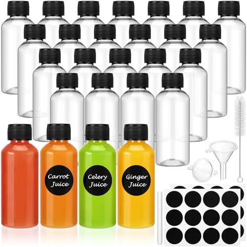 Revahope Mini Reusable Plastic Ginger Shot Bottles 2 oz, 16 Pack - Leakproof Juice Shot Bottles with Lids for Liquid Samples