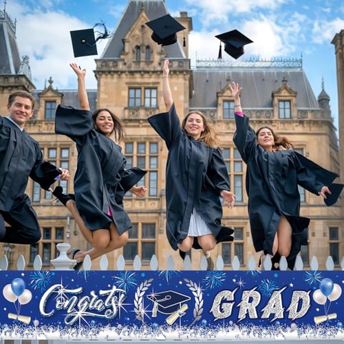 Image of Graduation Decorations, Graduation Banner 2026, Blue and Silver Banner, Large Class of 2026 Party Decoration, Congrats Grad Backdrop Yard Sign for Senior Commencement Indoor Outdoor Wall Yard 300*50cm