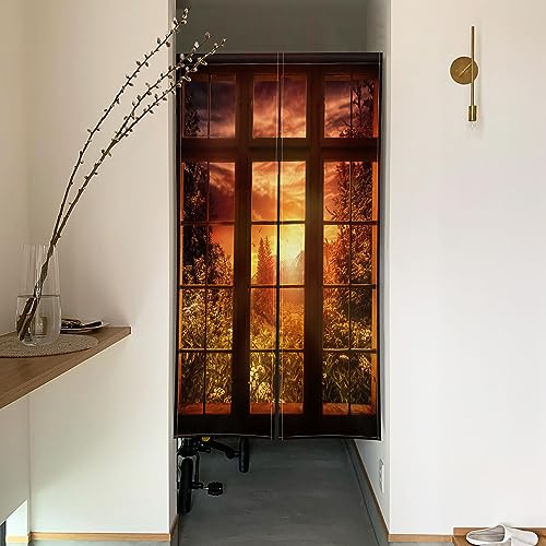 Qinunipoto 暖簾 窓の柄 夕焼けの景色 のれん シンプル風 幅72cm丈120cm インテリア 出入り口 目隠し おしゃれ すだれ 遮光 部屋 間仕切りカーテン 門カーテン ポリエステル製 オーダー可 簡単取付 四季兼用