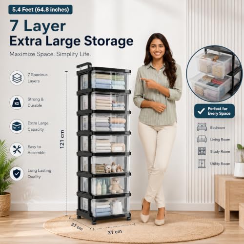 Image of Heavy Duty Plastic Storage Drawer with Wheels | Modular Cabinet for Bedroom, Office, Home or Classroom| Chest of Drawers Organiser for Cosmetics, Kitchen items, Toys (Transparent, 7)