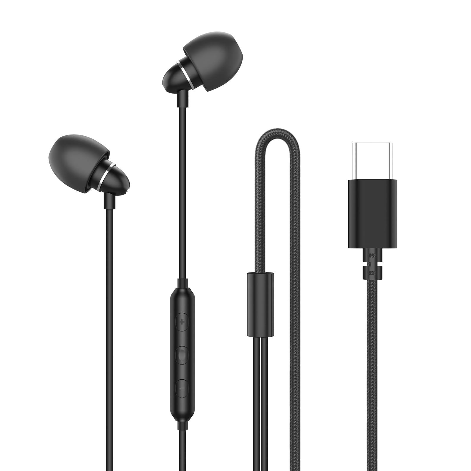 Écouteurs de sommeil filaires USB-C pour dormeurs latéraux avec écouteurs légers en silicone discret, réduction du bruit, microphone intégré et commandes de volume (USB de type C)