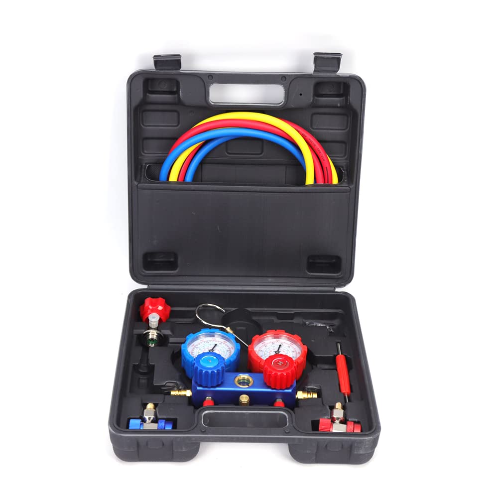 Acondicionador de aire acondicionado de 2 vías con manómetros, bomba de vacío, accesorios para R32 R410A R134A, incluye 3 mangueras y girador de válvulas, herramienta de aire acondicionado para coche
