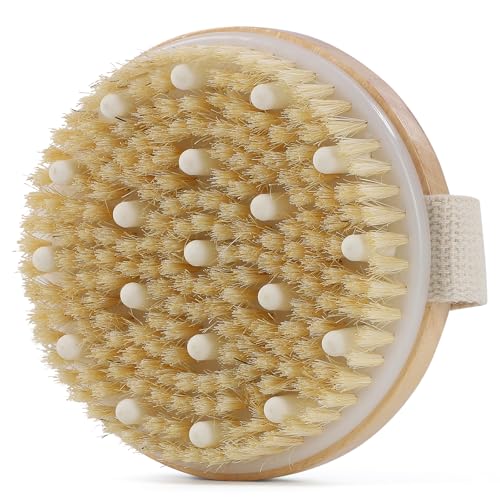 Dry Brushing Exfoliating Round Bath Brush, Body Scrubber Wooden Brush with Massage-Nodules and Bristle-Fibers for Dead Skin, Cellulite and Lymphatic