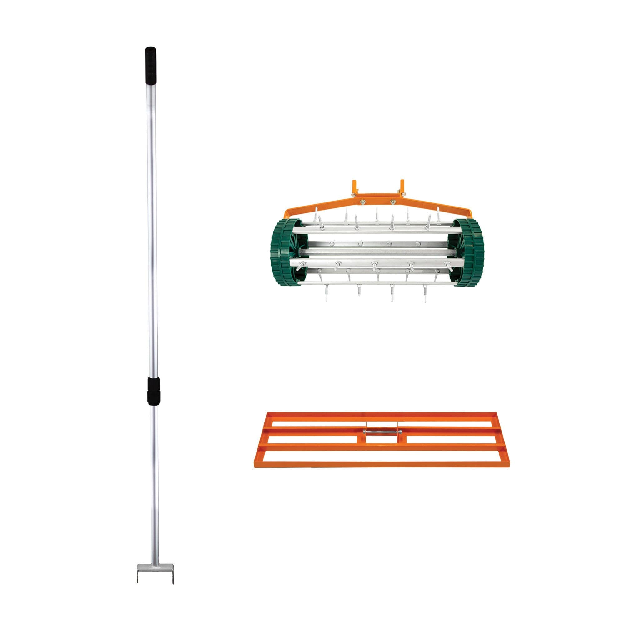 Set 2-in-1 Arieggiatore Manuale e Livellatore per Prato Arancione in Acciaio Zincato e Alluminio con Manico Estensibile fino a 2m, Base Livellatrice da 100cm e Picchetti da 3,8cm