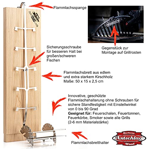 Axtschlag Premium Flammlachsbrett Kirschholz extrastark, 10-Fach verstellbare Halterung aus Edelstahl für Feuerschale, Feuertonne, Feuerkorb, Smoker, Grill, Gastronomie