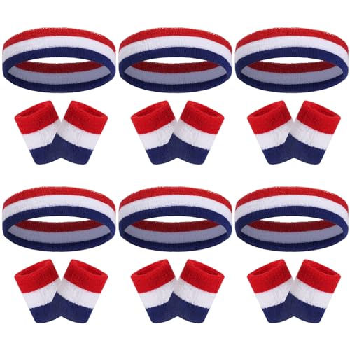 Image of 18 Pcs Sweatbands Headband Wristband Set Colorful Striped Terry Cloth Sports Athletic Gym 80s Sweat Headbands