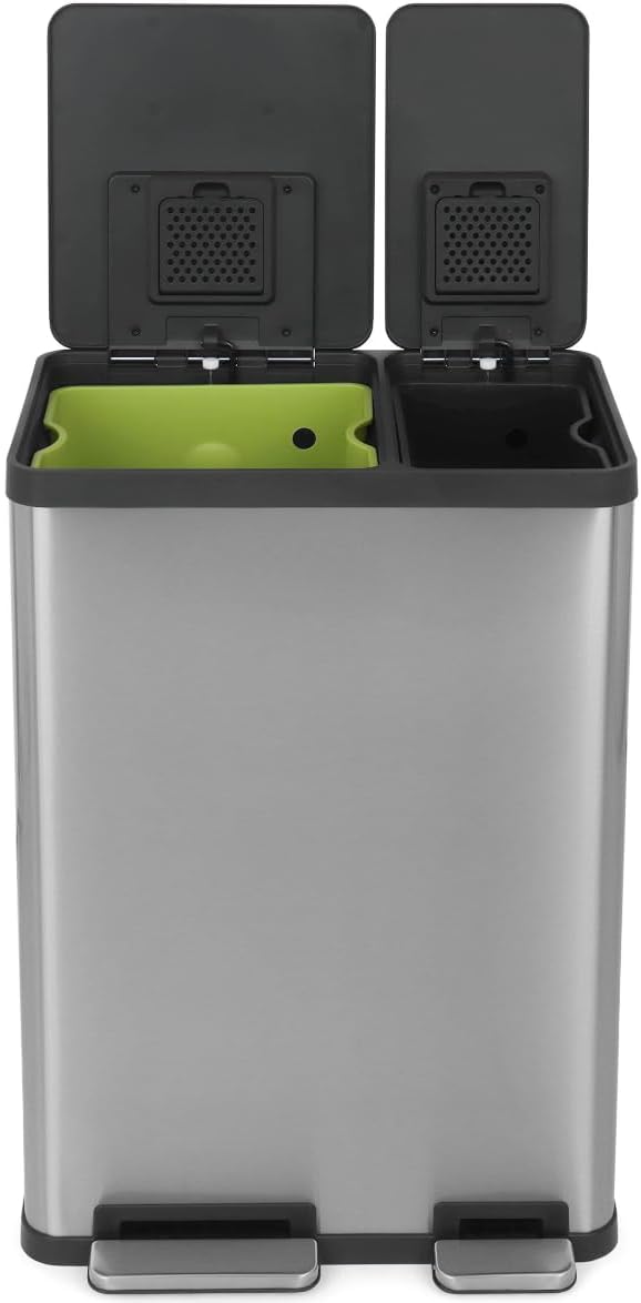 60 Liter / 16 Gallon Rectangular Hands-Free Dual Compartment Recycling Kitchen Step Trash Can with Soft-Close Lid, Brushed Stainless Steel (38L x 22L Capacity)
