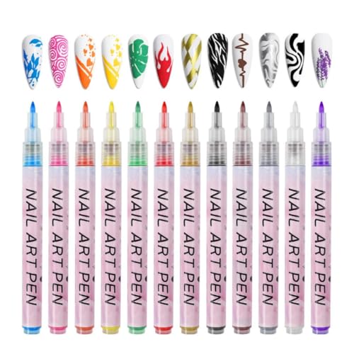 Juego de 12 rotuladores de uñas 3D, Nail Art Point Grafiti Pen Set, lápiz de pintura para uñas, dibujo de uñas, secado rápido, con puntas finas, decoración de belleza, decoración de manicura
